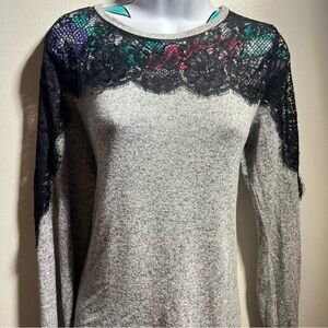 Gray Rewind Sweater with Lace Trim